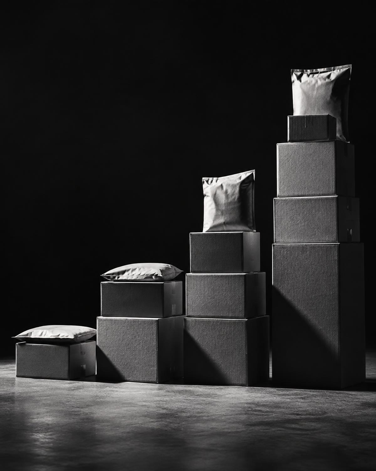 Shipping boxes stacked in a rising formation