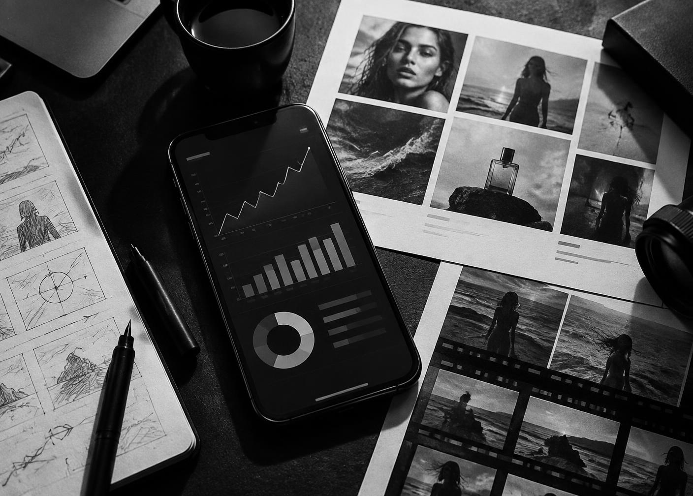 Creative strategy materials and performance data on a desk